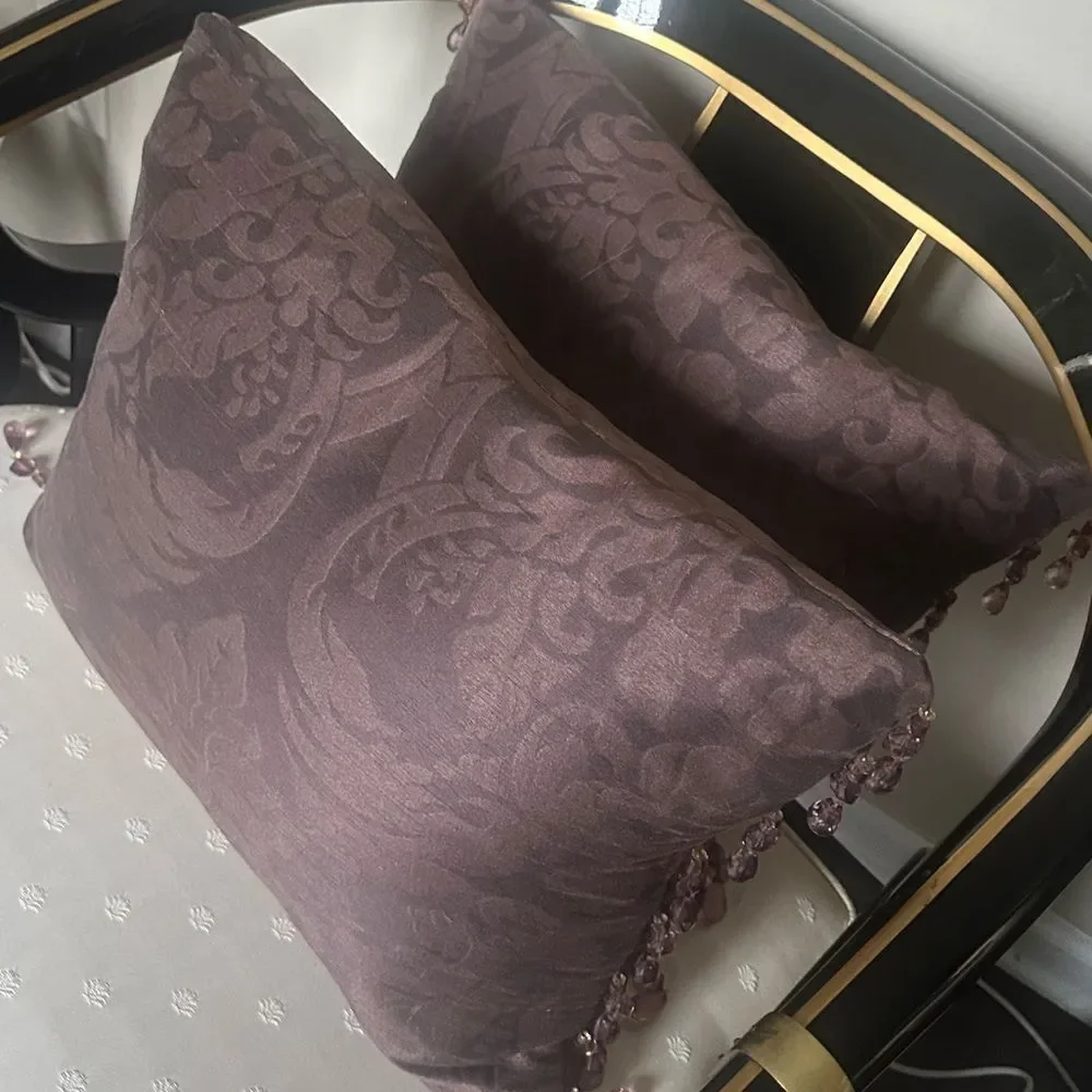 Pier 1 Chocolate Damask Throw Pillows with Beaded Fringe 19”x 14”